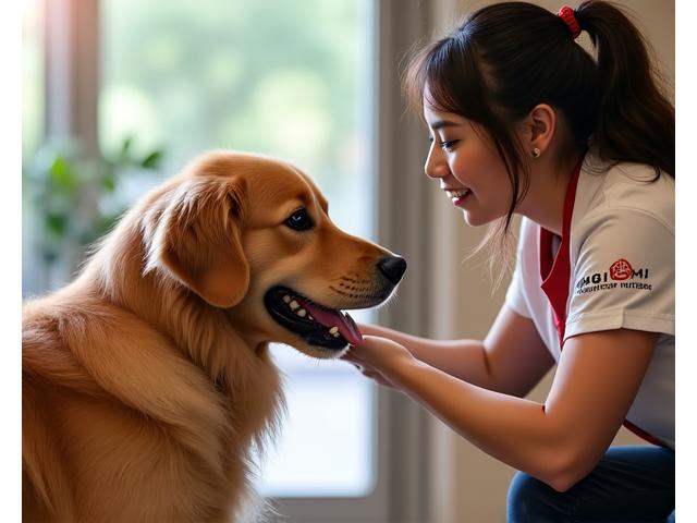 スタッフと一緒に楽しそうなゴールデンレトリバー
