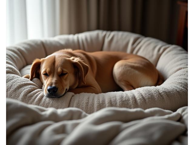 高級なペットベッドで眠る犬、スイートルームの快適さ